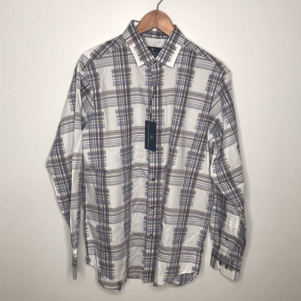 Hart Schaffer Marx white brown striped patch shirt